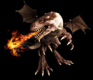 Image of a firebreatihing flying dragon with fangs and claws