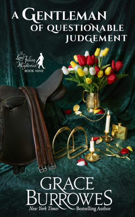 worn English saddle against a dark green backdrop, golden spurs, golden flask, golden stirrup irons, big bouquet of red, yellow, and white tulips in a brass tankard.