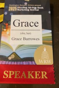 Grace's name tag from writer's conference 