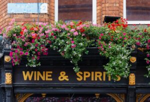 profuse baskets of red, pink and yellow flowers over the sign of a wine and spirits shop