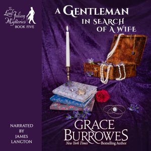 Book cover featuring a jewelry box with ropes of pearls dangling over the side, old journals, golden bracelets, and a lit white candle against a purple velvet background