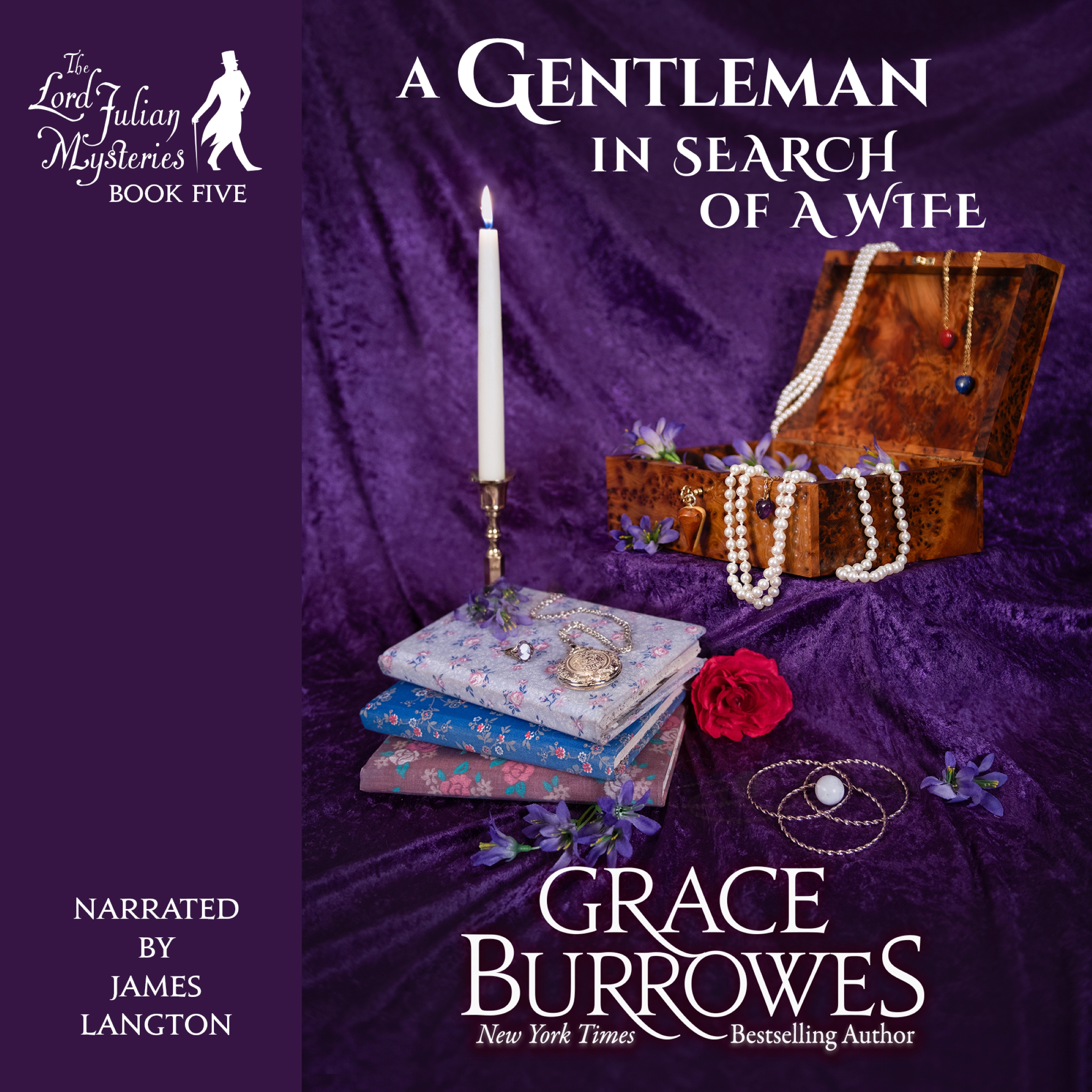 Book cover featuring a jewelry box with ropes of pearls dangling over the side, old journals, golden bracelets, and a lit white candle against a purple velvet background