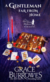 The cover image for A Gentleman Far From Home, Book Eleven in the Lord Julian Mysteries, by NYT Bestselling author Grace Burrowes. A still life composition of a backgammon board, red candles, and playing cards lay atop a rich purple velvet backdrop. Flowers and coins are scattered around the scene.