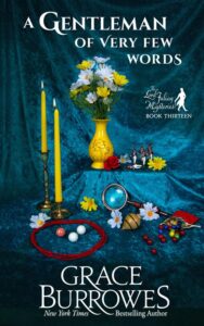 book cover A Gentleman of Very Few Words showing marbles, a vase of daisies, magnifying glass, string, lit candles, and toy soldiers, one fallen